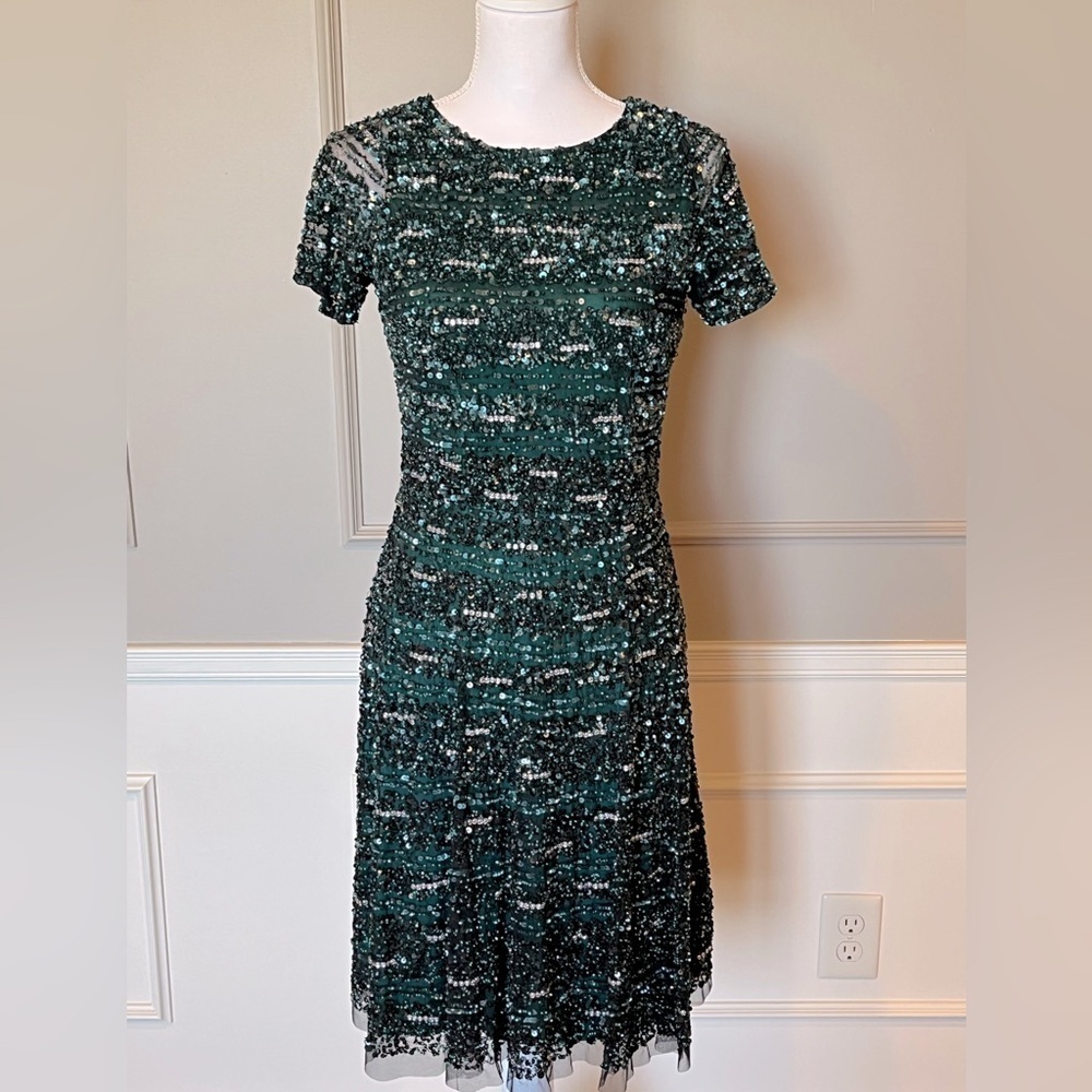 Aidan Maddox 4 NWOT Nordstrom's beaded cocktail green black formal dress short